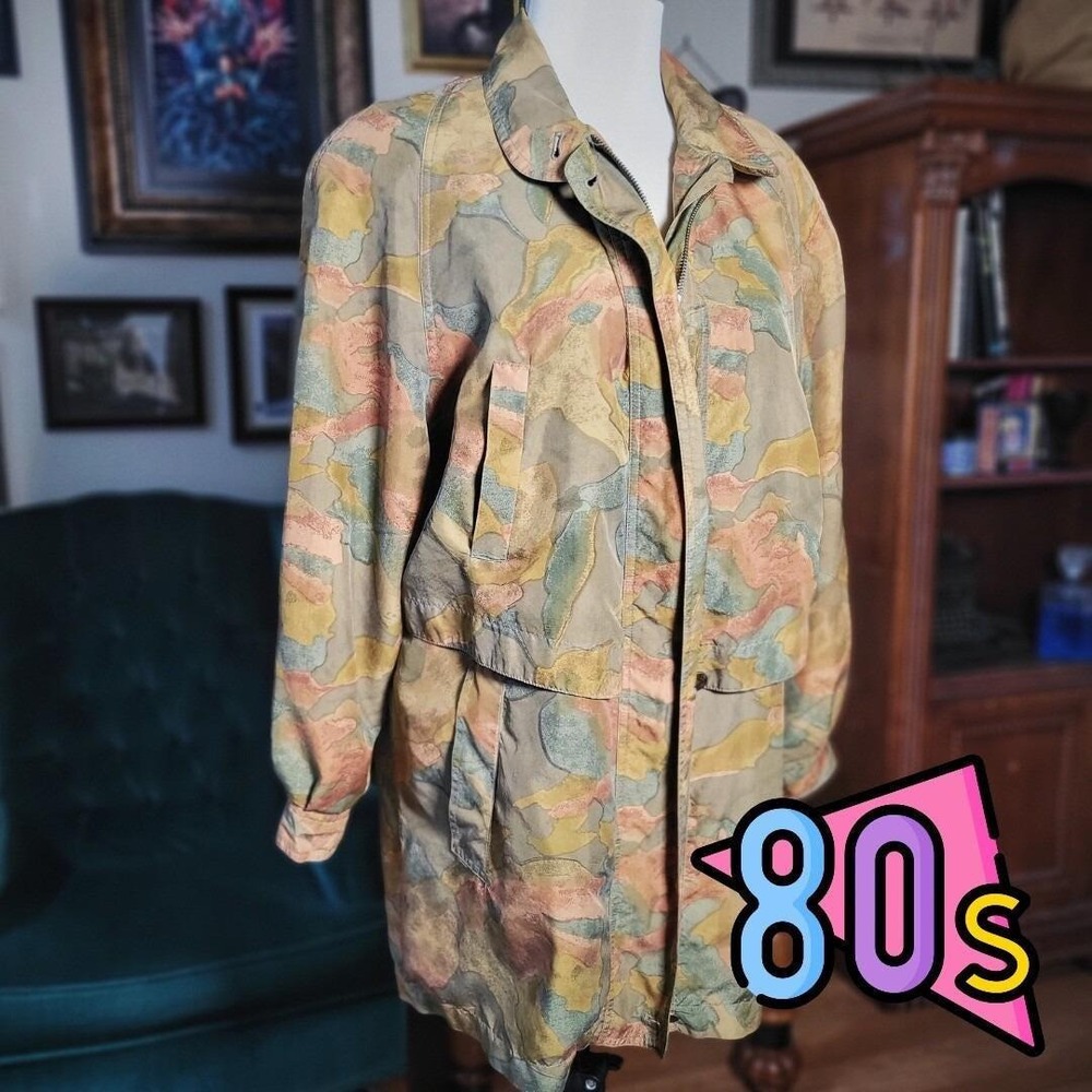 PH Camo Silk Jacket Vintage 80s Lightweight Abstract Oversized Tan Coat Rare